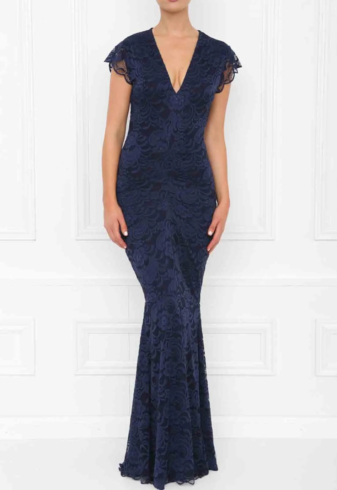 Honor Gold Lana Navy Lace Fishtail Maxi Dress