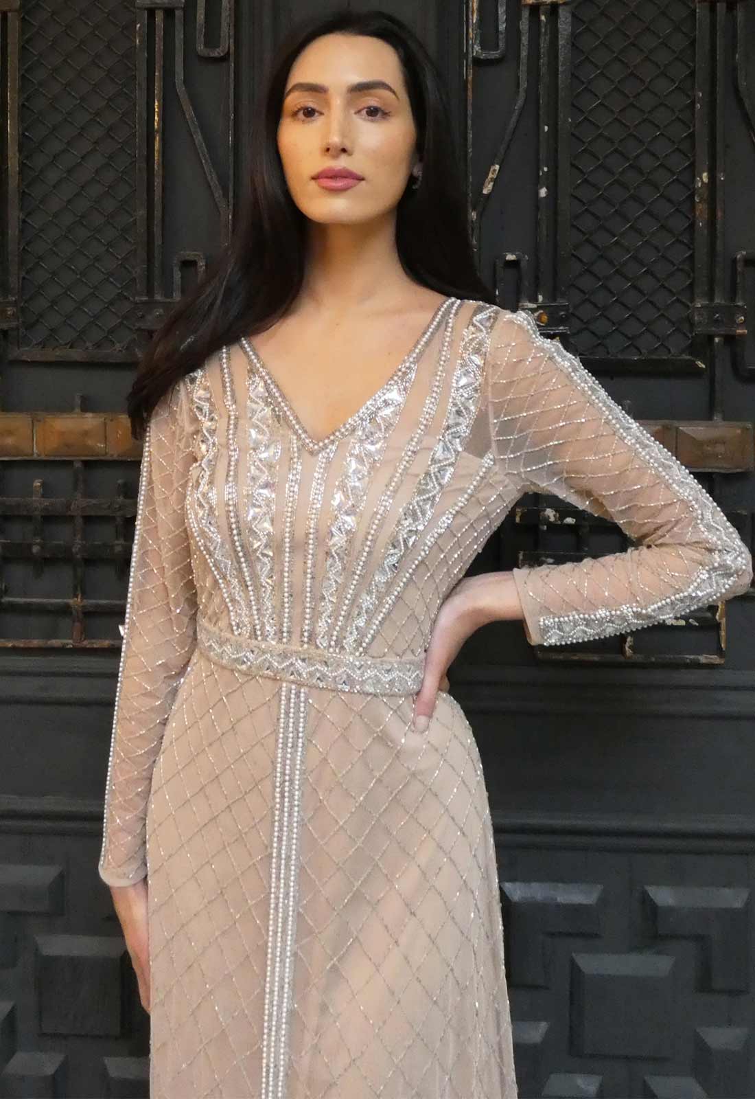 Raishma Couture Nude Liliane Embellished Maxi Dress-112578