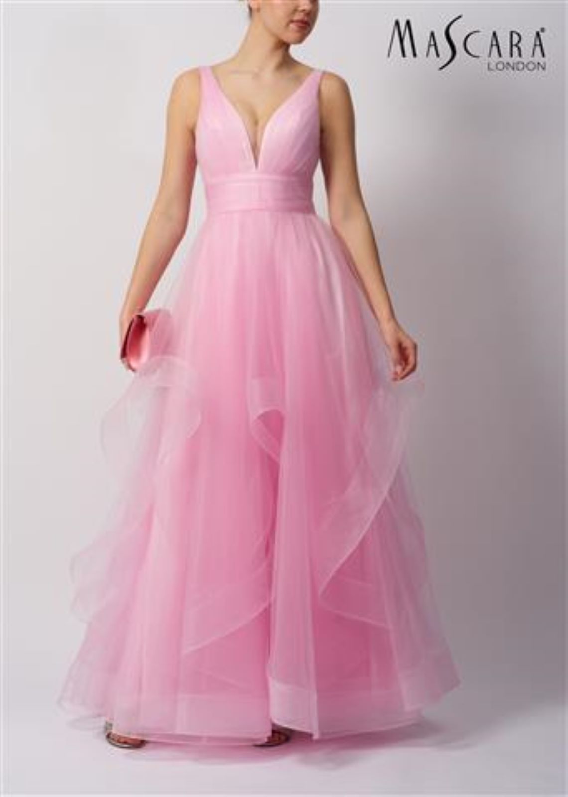 Mascara London Tiered V Back Tulle Pretty Pink Dress