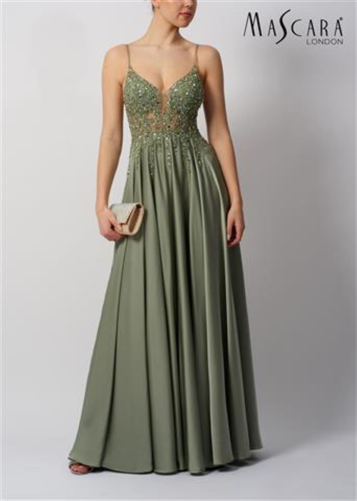 Mascara London Beaded Straps Khaki Satin Gown