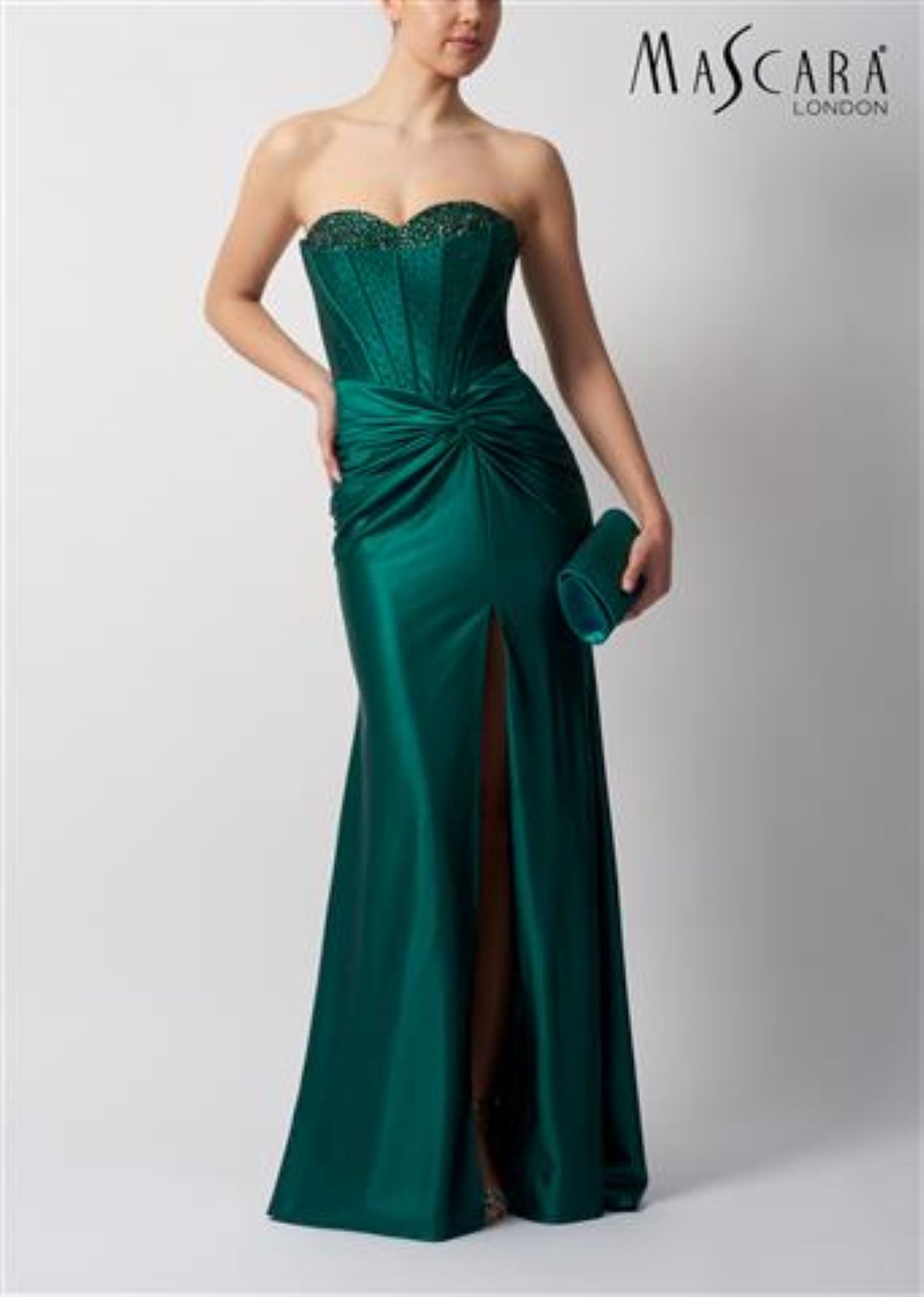 long satin forest green Mascara London prom dress