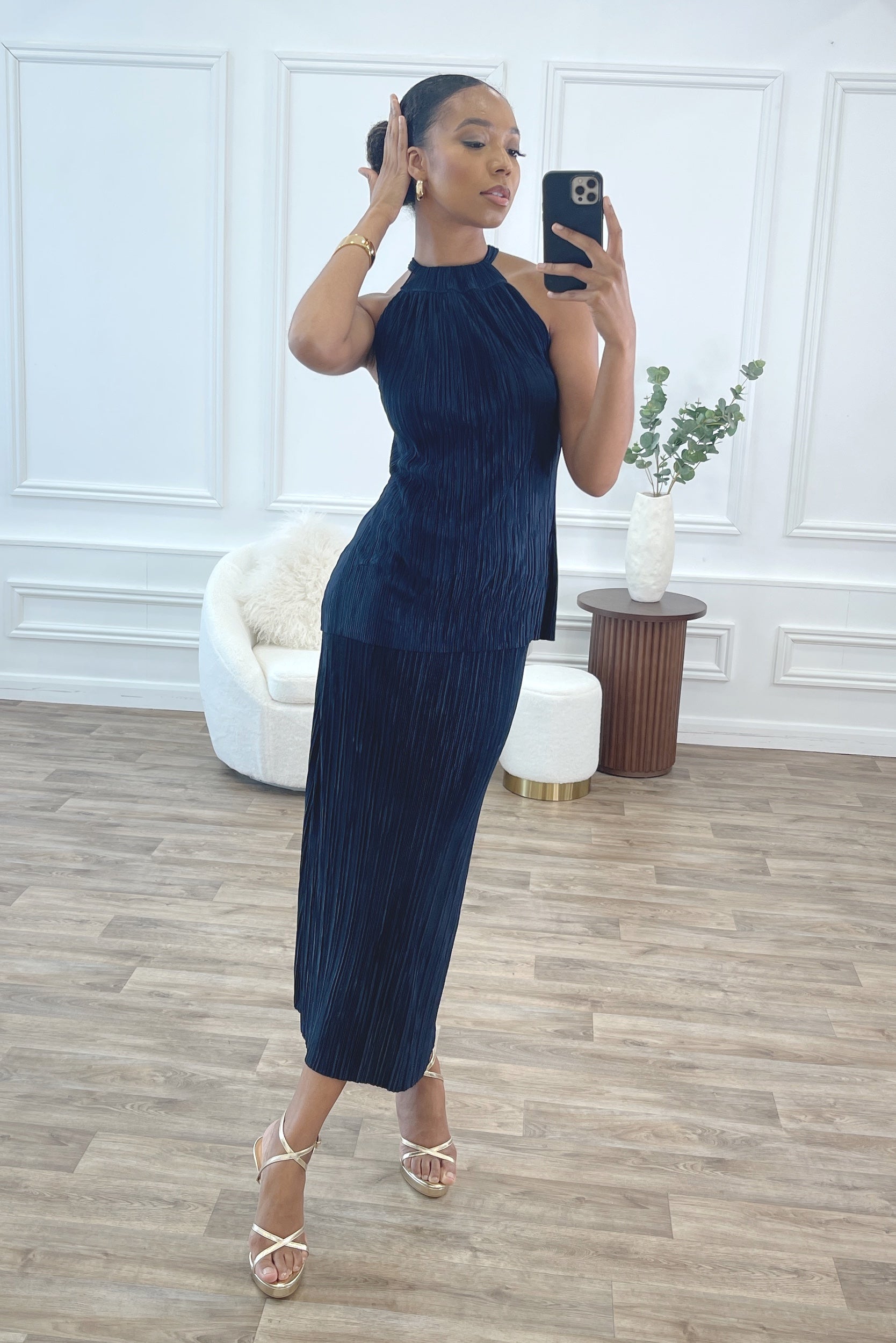 Honor Gold Tiana Plisse Pleated Navy Maxi Skirt