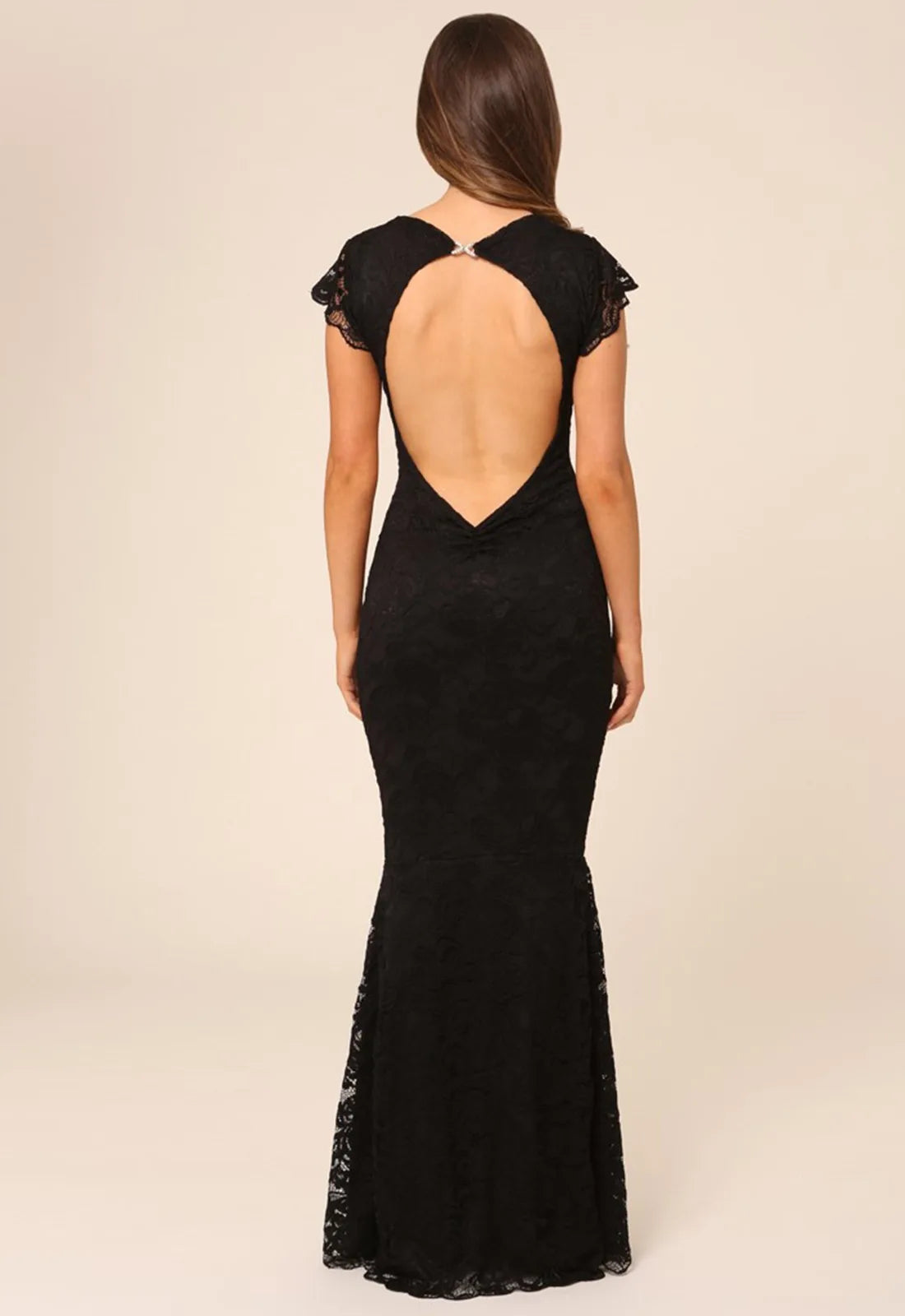 Honor Gold Faye Cap Sleeve Backless Lace Maxi Dress in Black-14298