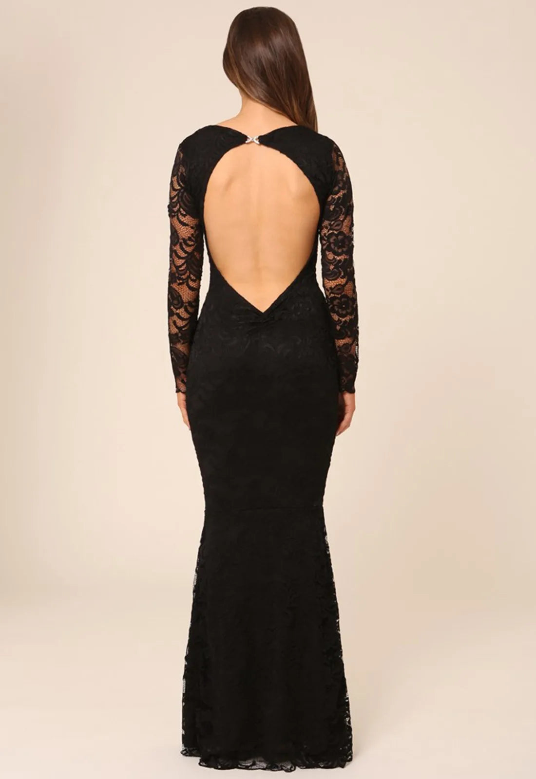 Honor Gold Faye Long Sleeve Backless Lace Maxi Dress in Black-14303
