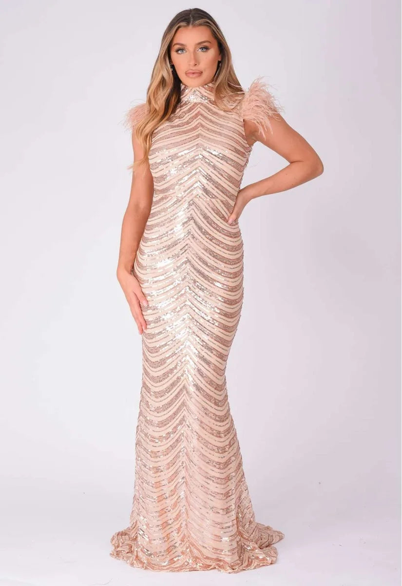 NAZZ Collection Rose Gold Power Feather Maxi Dress