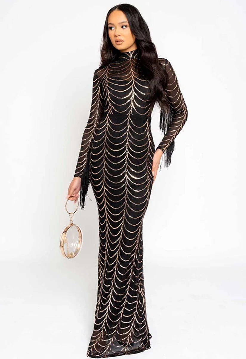 Nazz Collection Black Rose Gold Hypnotic Maxi Dress