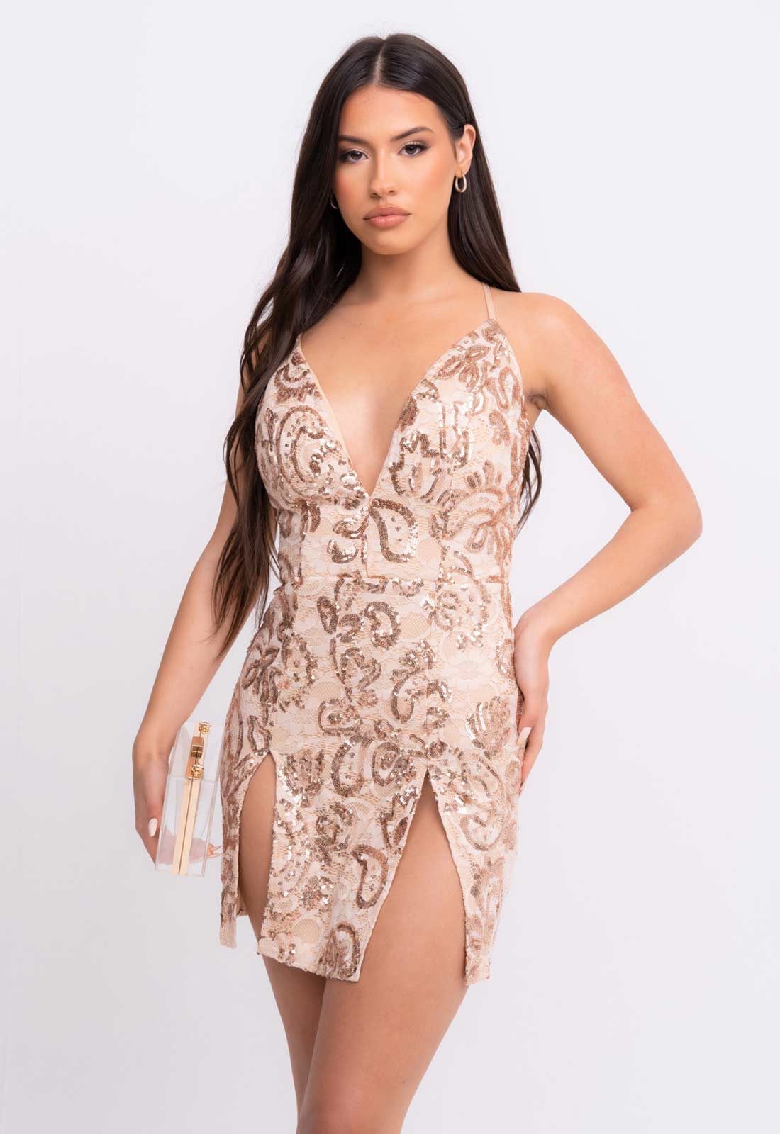 Nazz Collection Rose Gold Invite Only Lace Mini Dress-0