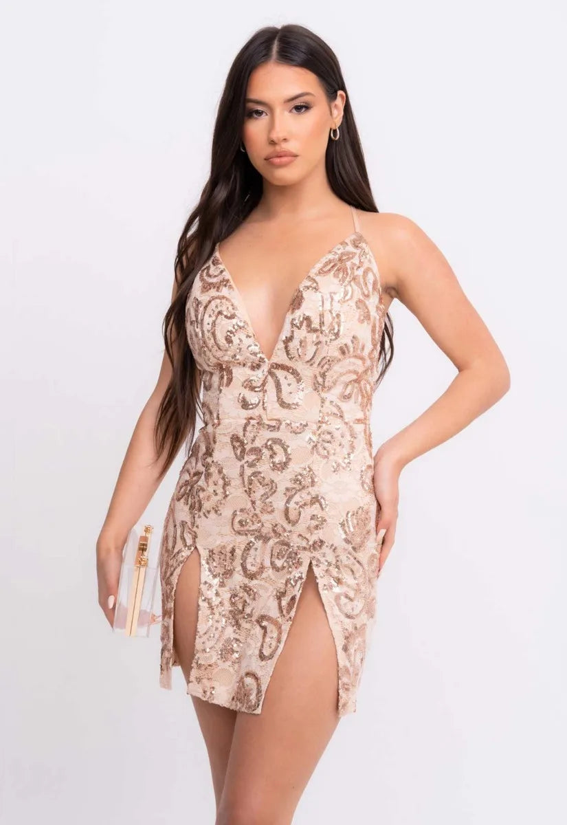 Nazz Collection Rose Gold Invite Only Lace Mini Dress