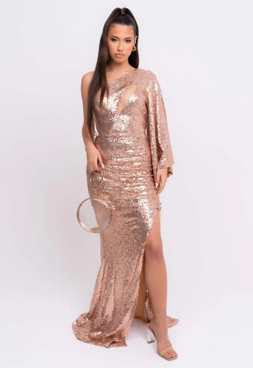 Nazz Collection Rose Gold Halo Sequin Maxi Dress