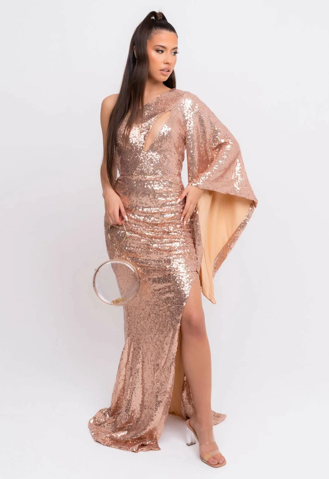 Nazz Collection Rose Gold Halo Sequin Maxi Dress-107032