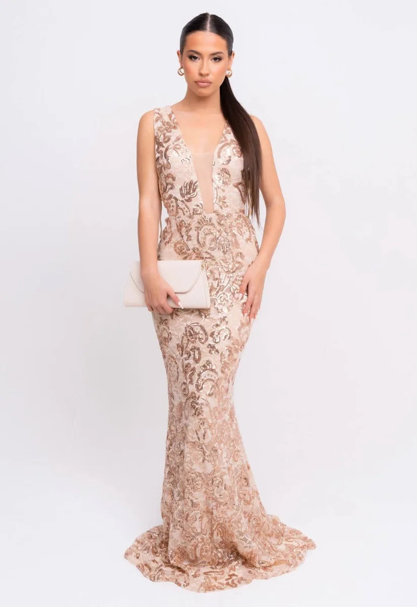 Nazz Collection Rose Gold Flora Lace Maxi Dress
