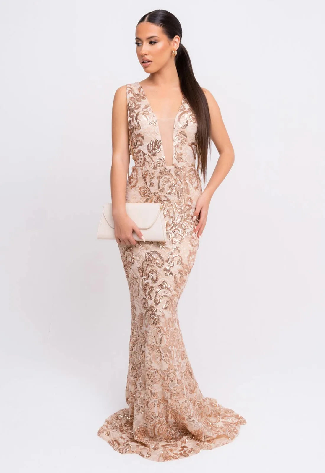 Nazz Collection Rose Gold Flora Lace Maxi Dress-107152