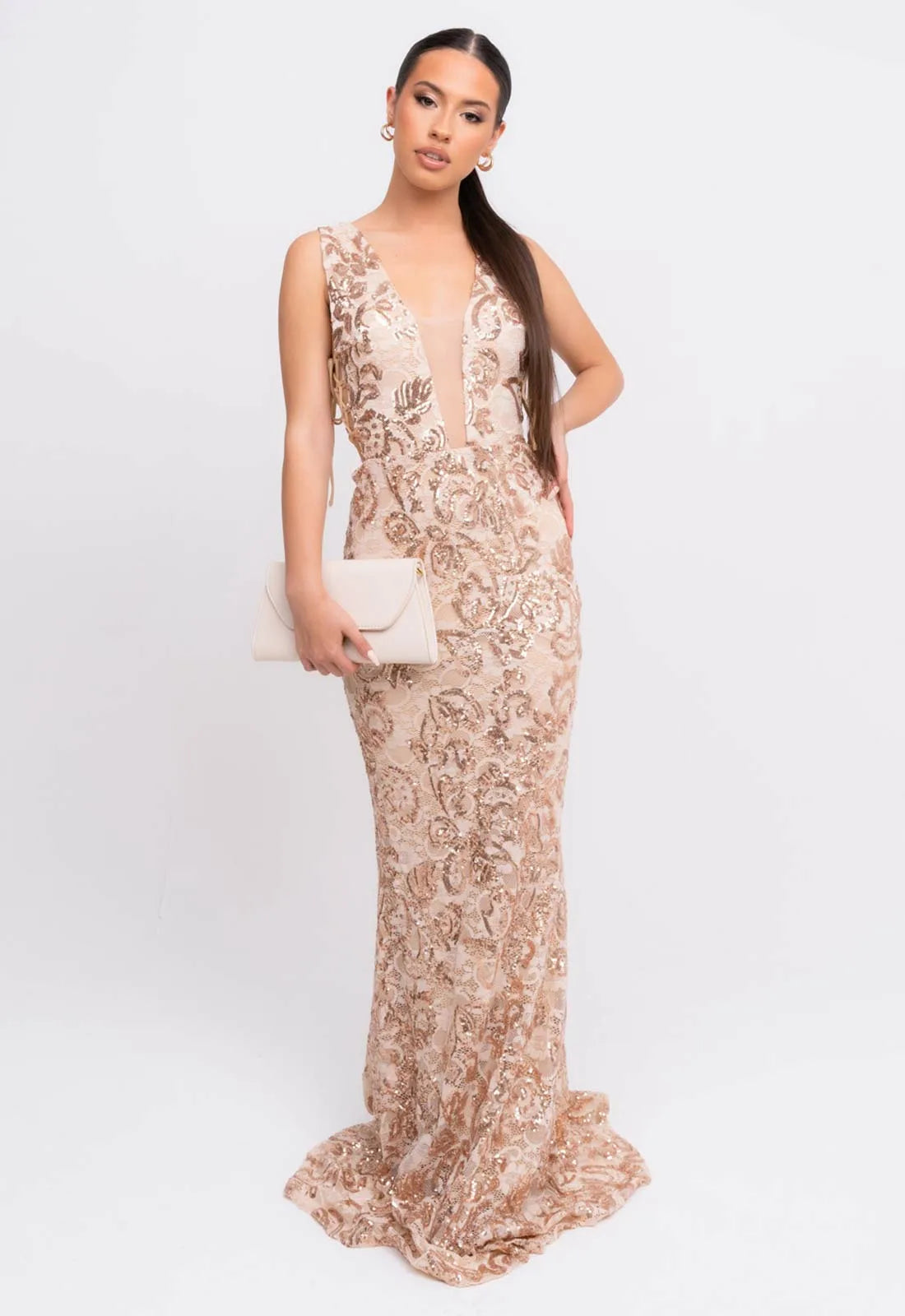 Nazz Collection Rose Gold Flora Lace Maxi Dress-107153