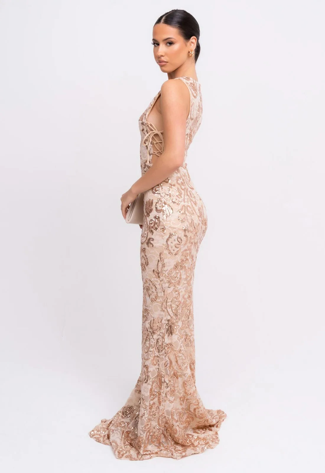 Nazz Collection Rose Gold Flora Lace Maxi Dress-107154