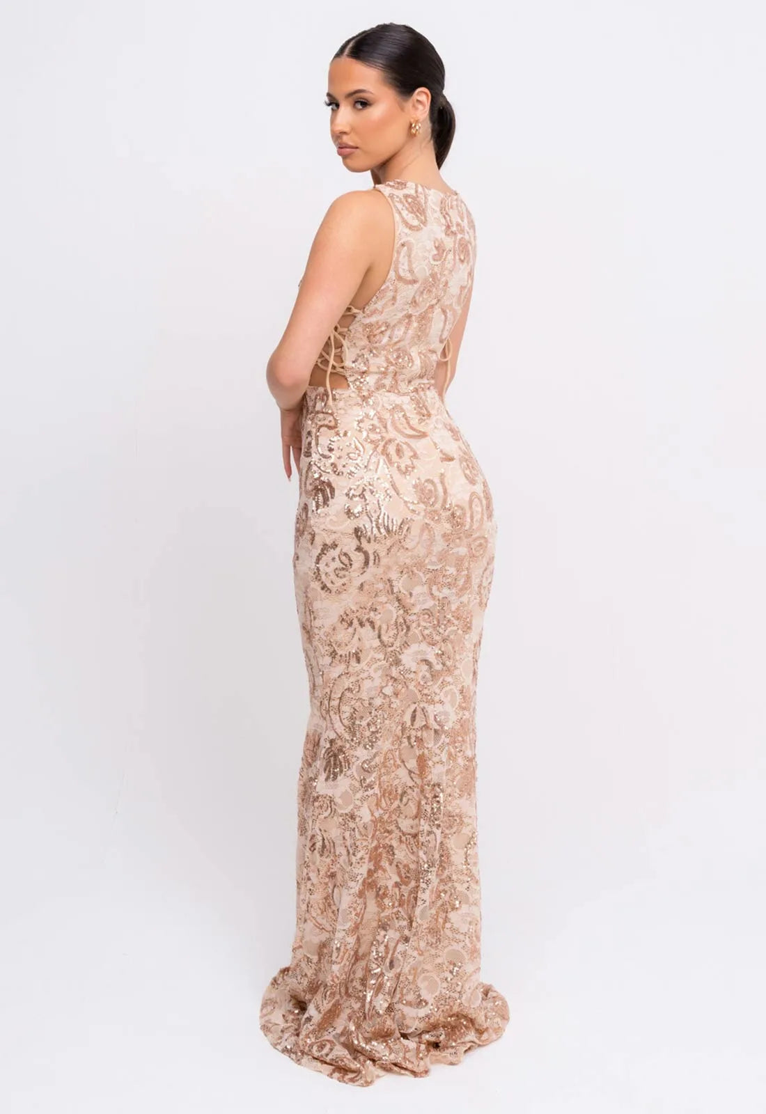 Nazz Collection Rose Gold Flora Lace Maxi Dress-107155