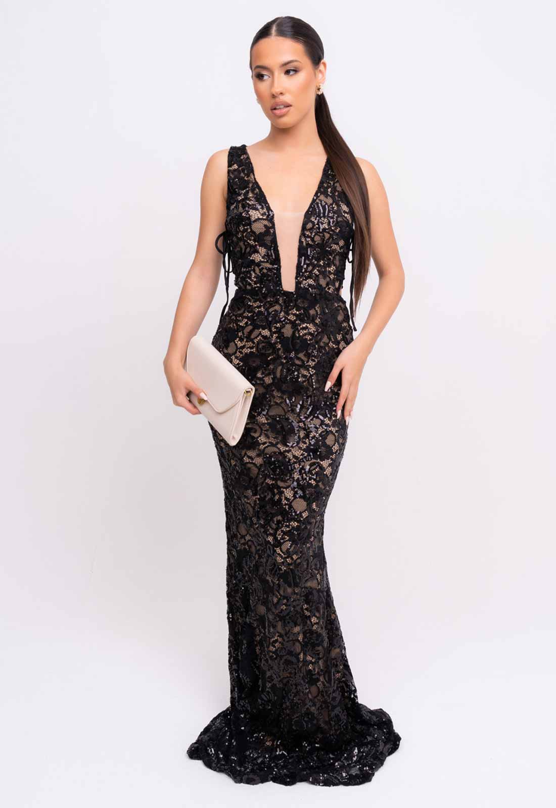 Nazz Collection Black Flora Lace Maxi Dress-107169