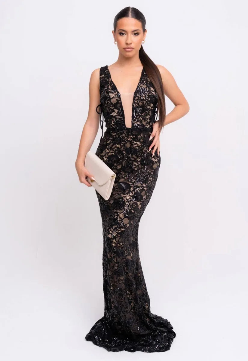 Nazz Collection Black Flora Lace Maxi Dress