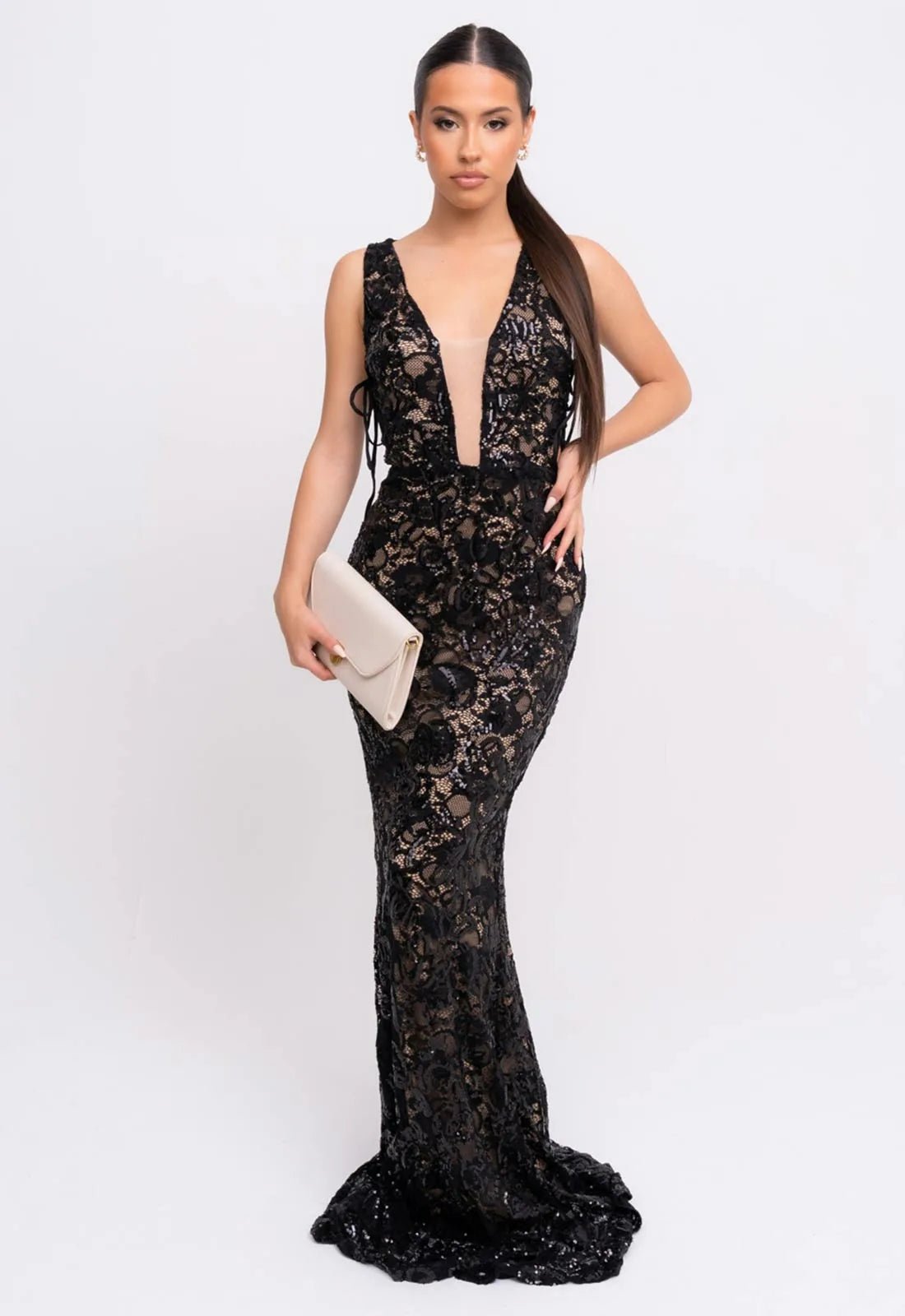 Nazz Collection Black Flora Lace Maxi Dress-0