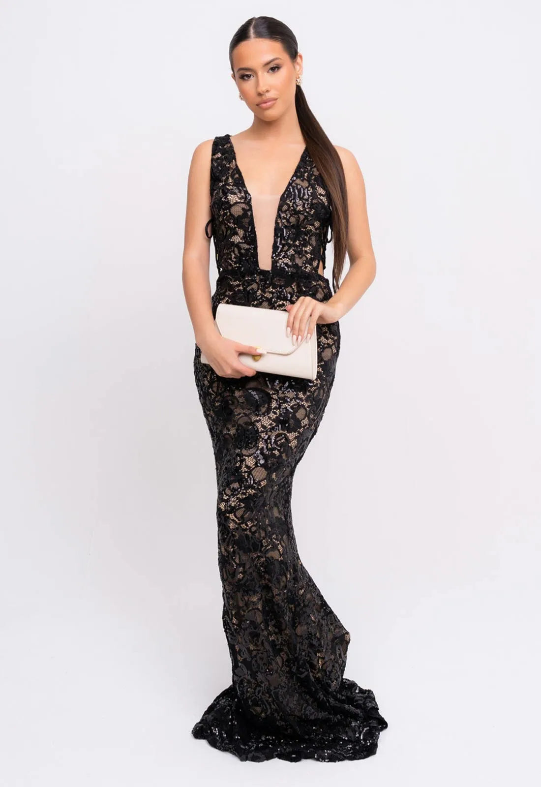 Nazz Collection Black Flora Lace Maxi Dress-107170