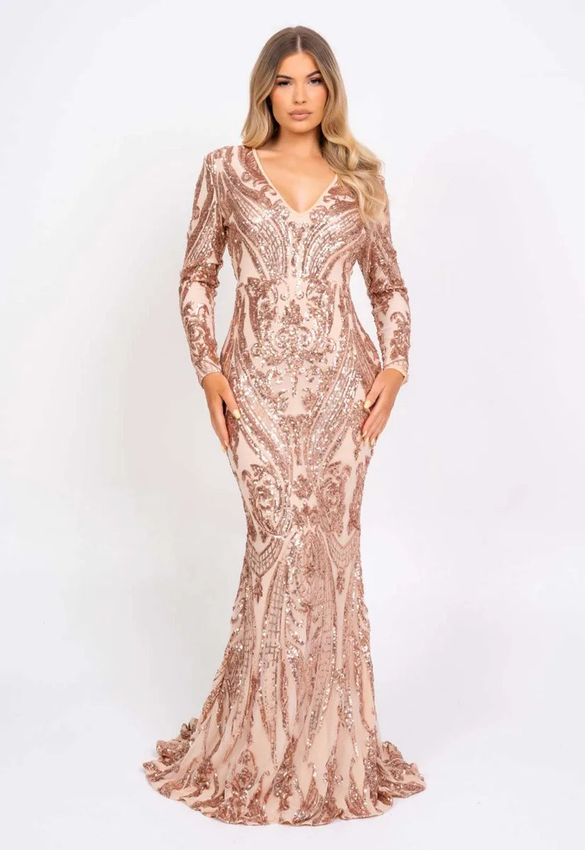 Nazz Collection Rose Gold Arabella Sequin Maxi Dress