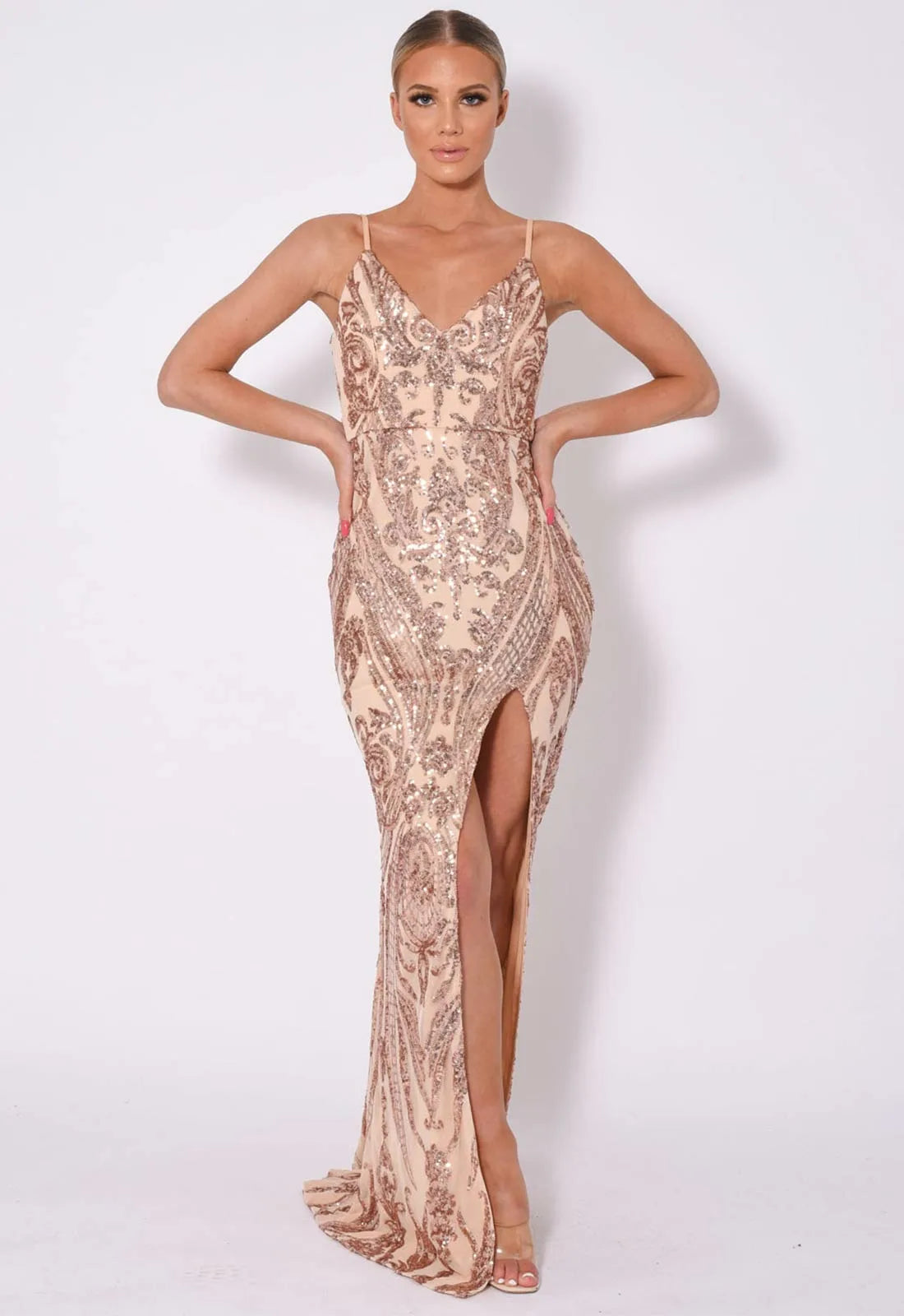 NAZZ Collection rose gold thigh split Ava maxi dress