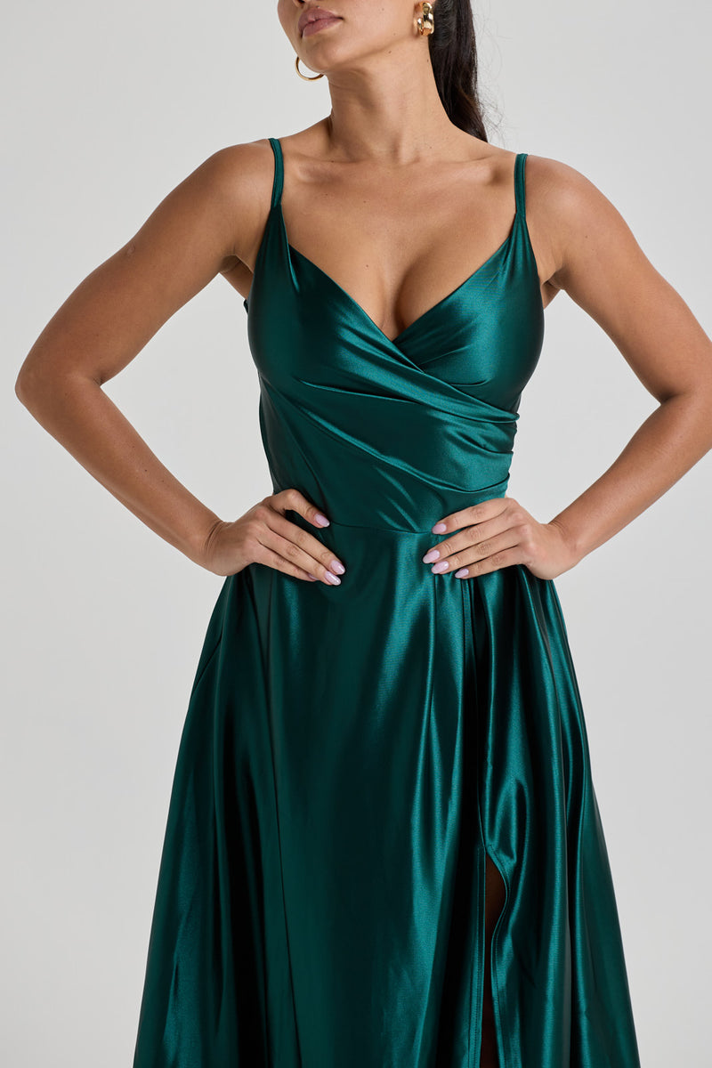 Green Satin Maxi Dress - Emerald Chiara Evening Gown