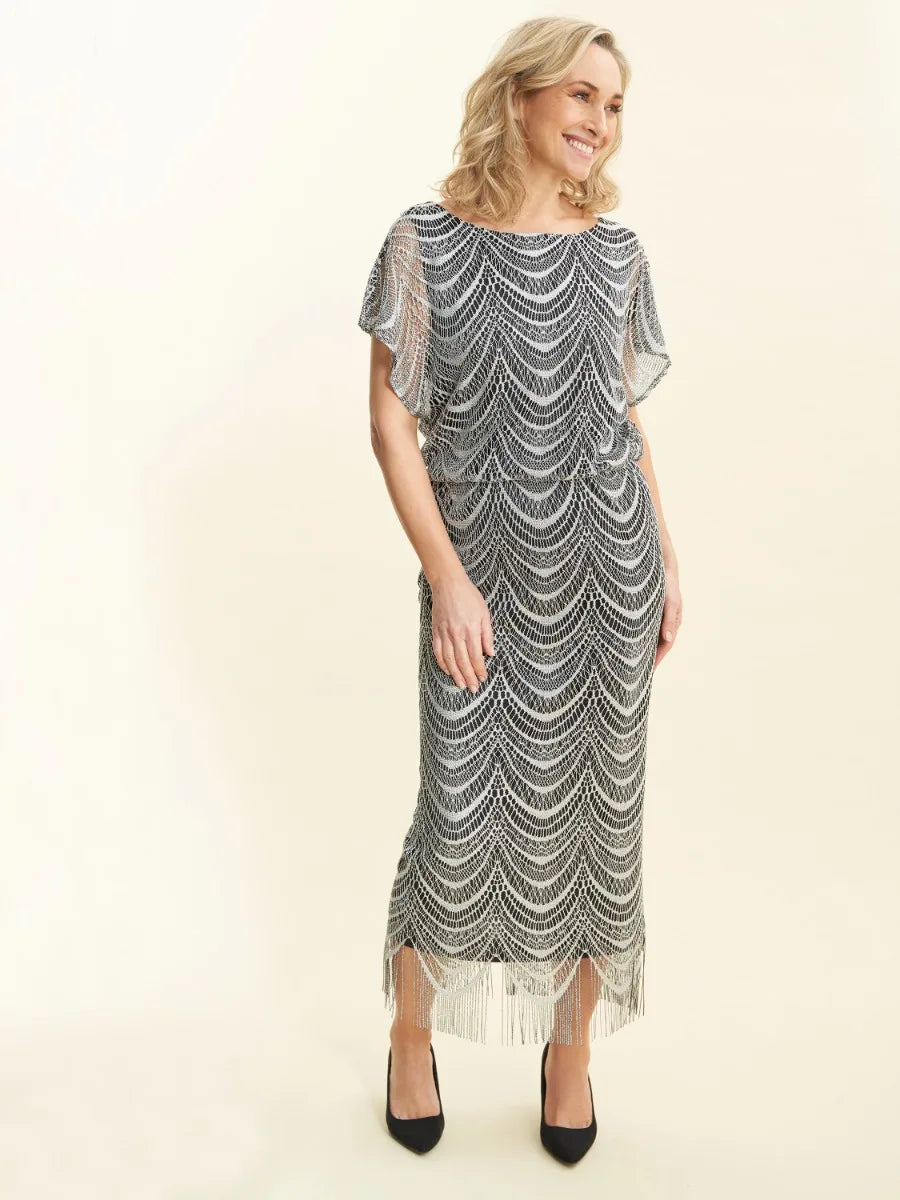 Gina Bacconi Arleen Long Blouson Fringe Hem Dress