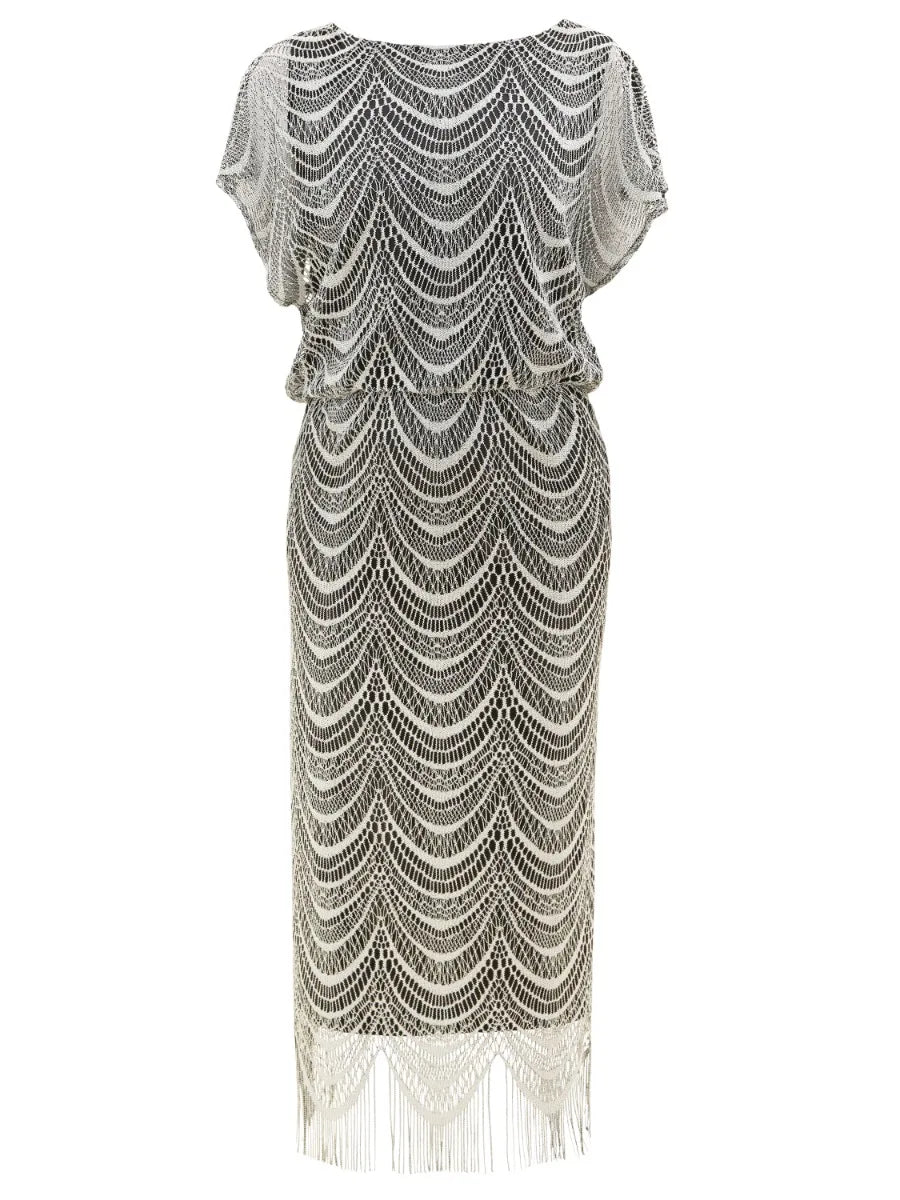 Gina Bacconi Arleen Long Blouson Fringe Hem Dress