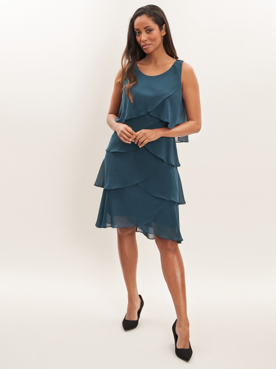 Gina Bacconi Vesta Jewel-Shoulder Tiered Cocktail Dress