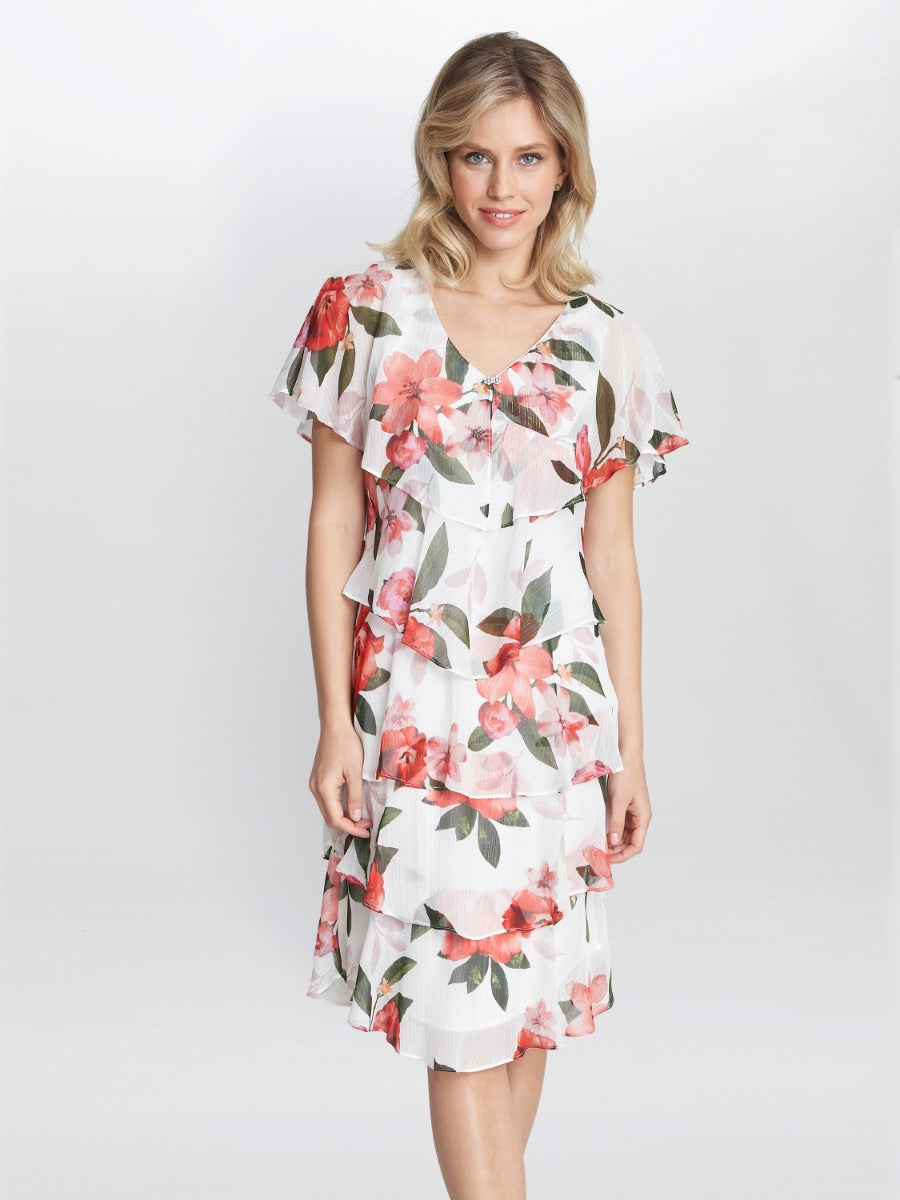 Gina Bacconi Ivory Andie Floral Print Tiered Dress