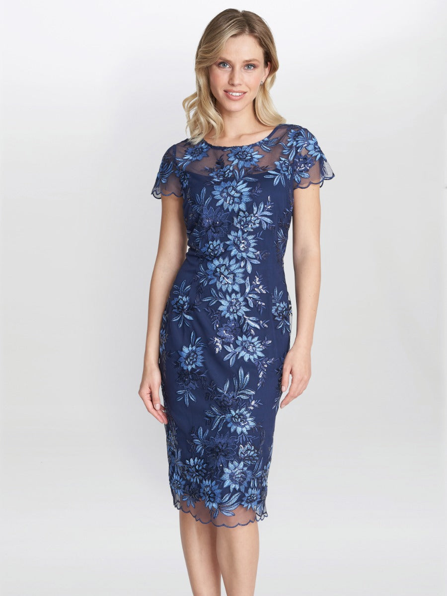 Gina Bacconi Navy Edna Midi Embroidered Dress