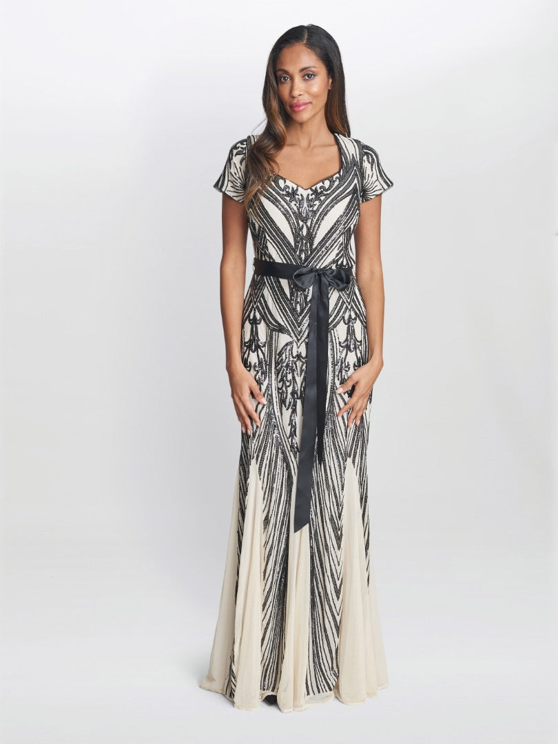 Gina Bacconi Ivory / Black Amelia Sweetheart Neck Embroidered Maxi Dress