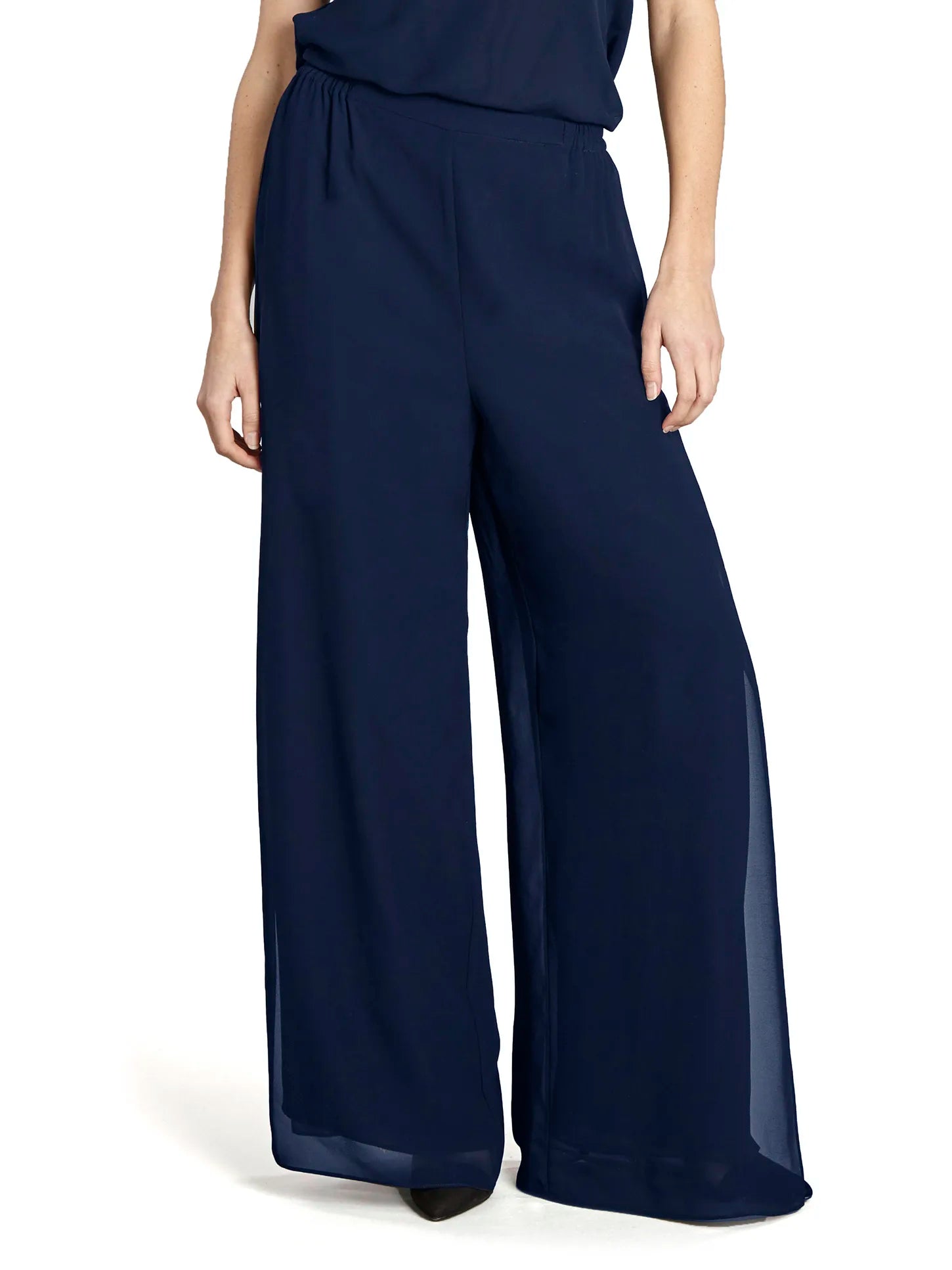 Gina Bacconi Navy Chiffon Layered Trouser With Slits