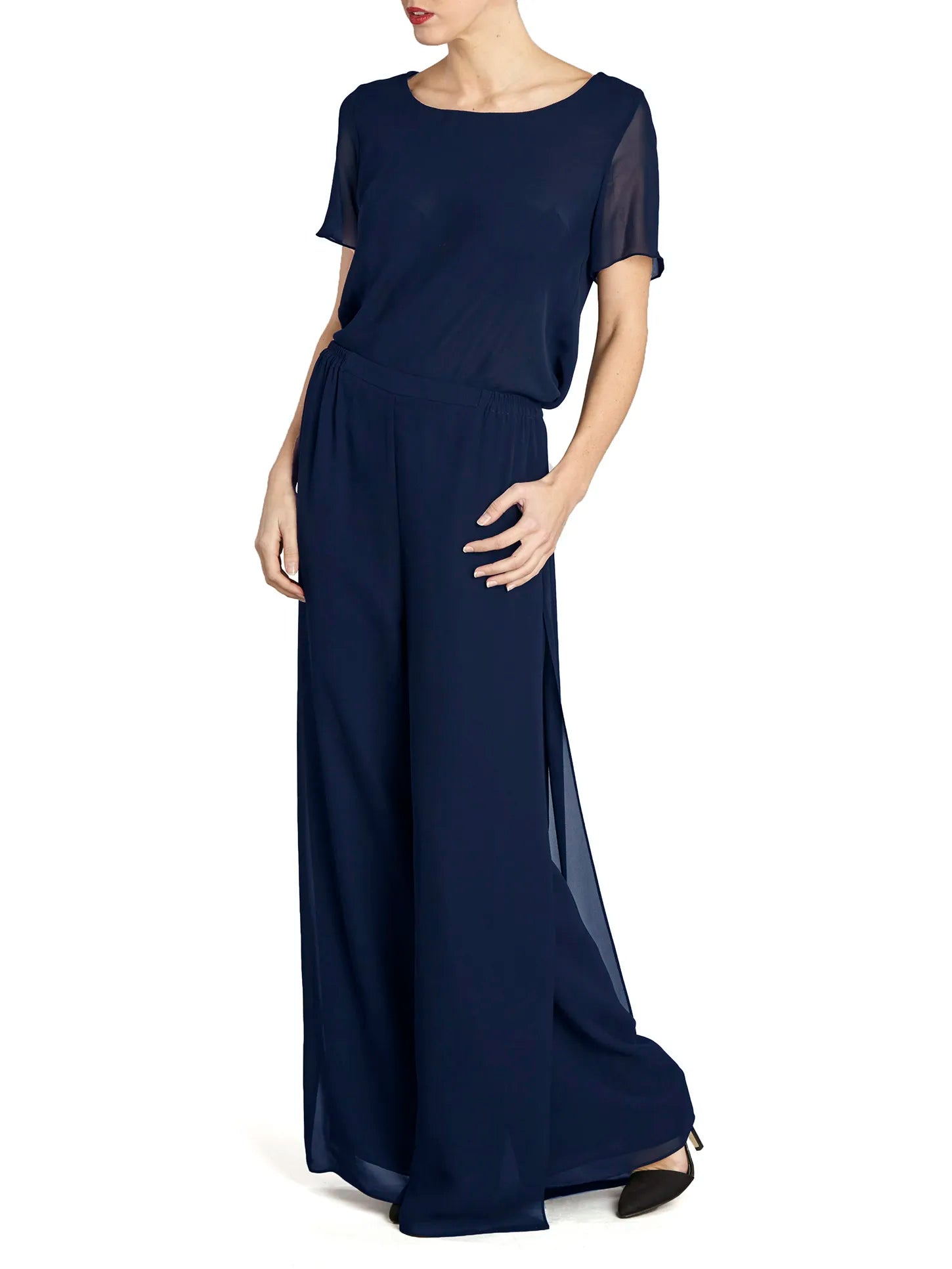 Gina Bacconi Navy Chiffon Layered Trouser With Slits