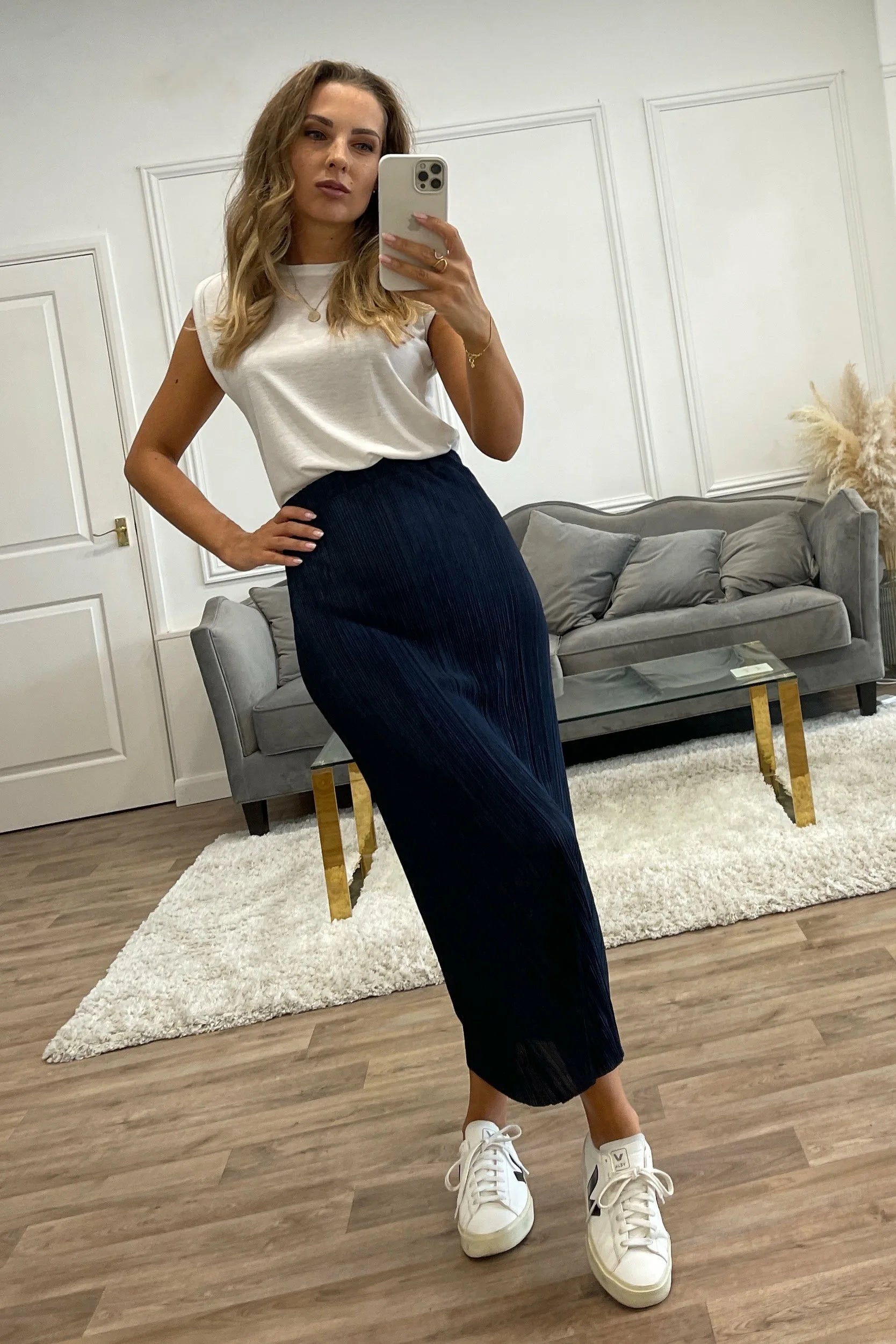 Honor Gold Tiana Plisse Pleated Navy Maxi Skirt