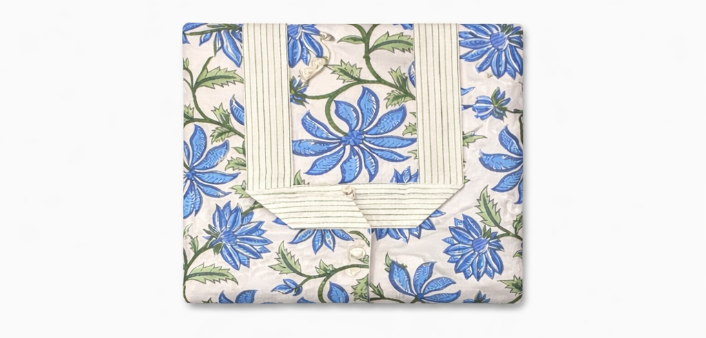 Soul Of Sita Woodblock Blue Floral Cotton Robe