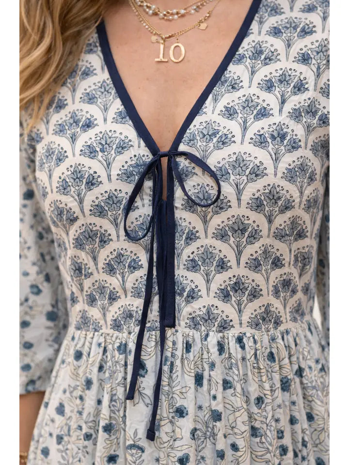 Soul Of Sita Aria Delicate Hand Block Multi Print Midi Dress In Cotton Voile In Blue