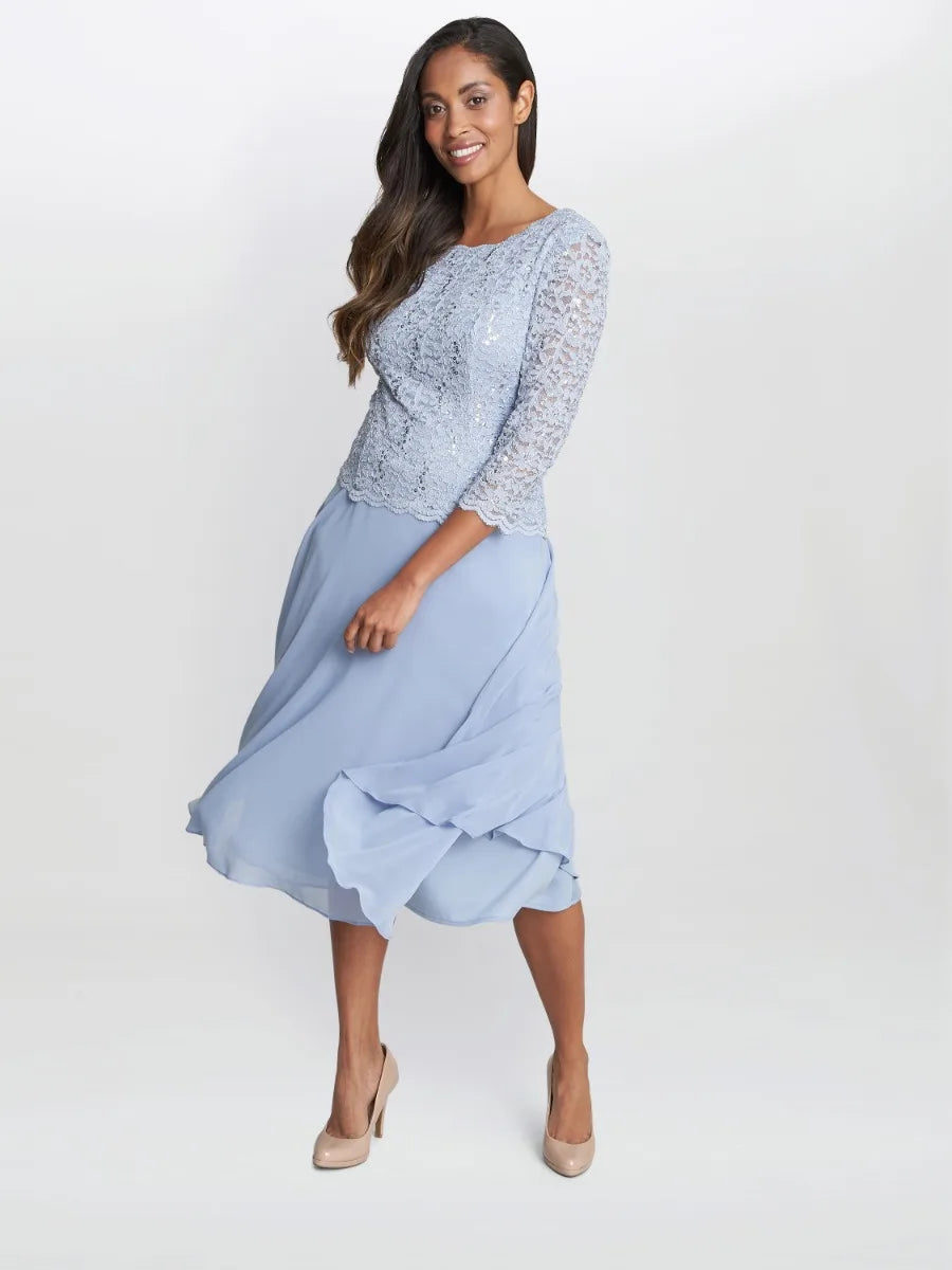 Gina Bacconi Rona Midi-Length Dress With Lace Bodice & Chiffon Skirt
