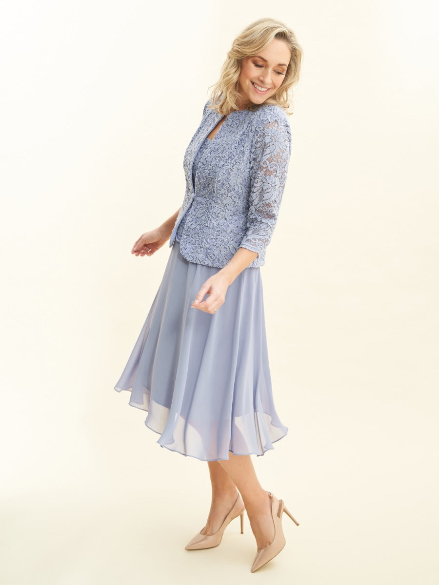 Gina Bacconi Lavendar Laticia Midi Length Lace Mock Jacket Dress