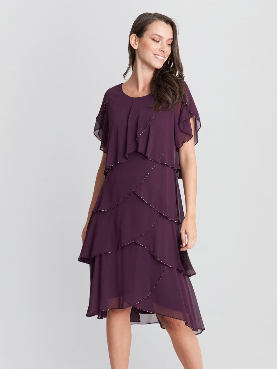 Gina Bacconi Aubergine Trysta Bugle Beaded Trim Tiered Cocktail Dress With Flitter Sleeves