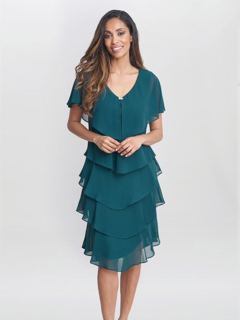Gina Bacconi Dark Green Bella Georgette Tiered Dress
