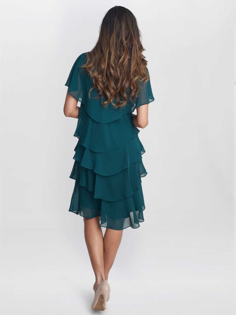 Gina Bacconi Dark Green Bella Georgette Tiered Dress